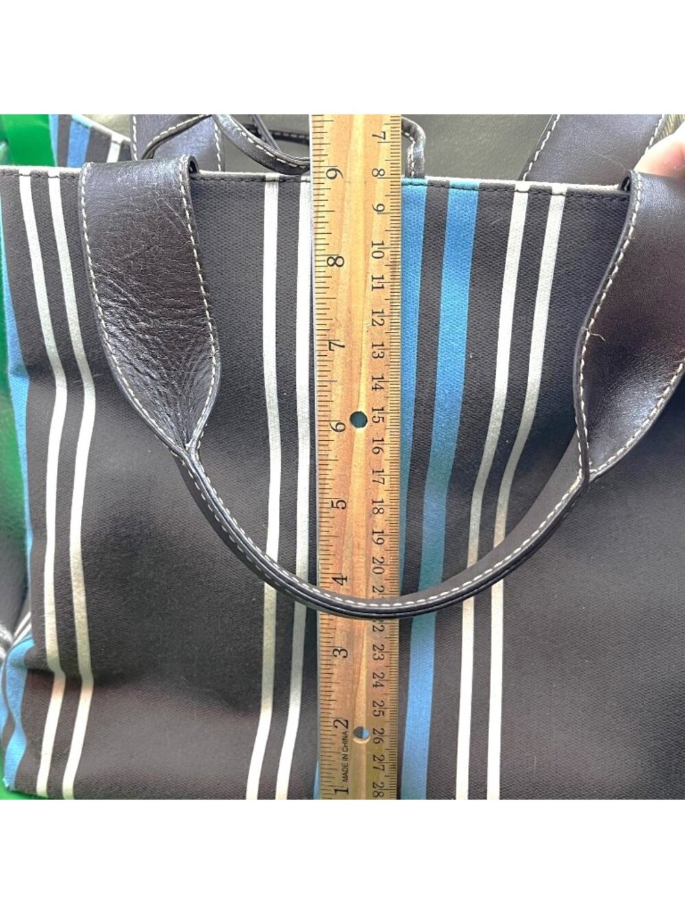 Kate Spade NY Striped Canvas Tote Bag Blue Brown White Leather Handles Italy VTG - Picture 12 of 15